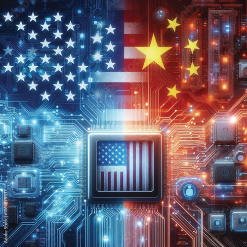 Represented by their national flags, the United States and China stand at the forefront of a technological trade war, fueled by intense energy and digital symbols of advanced AI and chip technology co