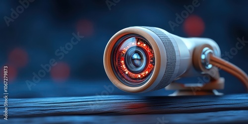 Futuristic Security Camera Lens with Red Lights on Dark Background