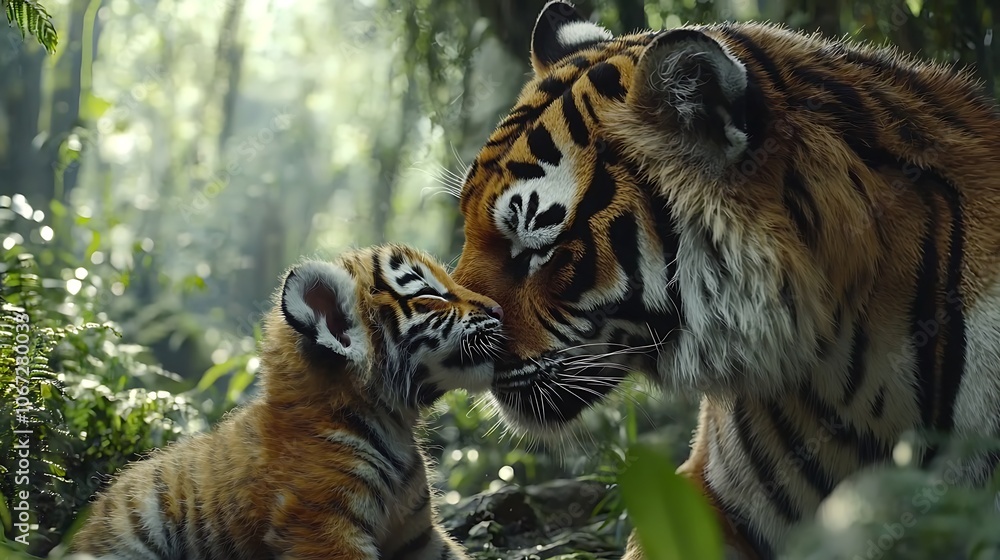 Obraz premium Tender Moment Between Tiger and Cub in Nature
