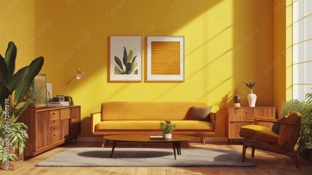Mid-Century Modern Living Room with Yellow Accents Mid-Century Modern Living Room with Yellow Accents