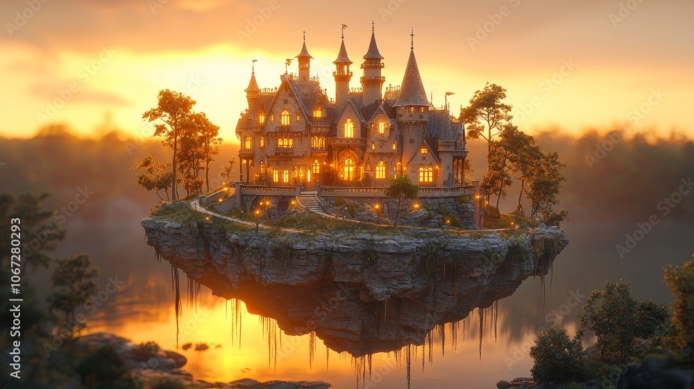 Obraz premium Explore the enchanting floating castle surrounded by a tranquil sunset landscape