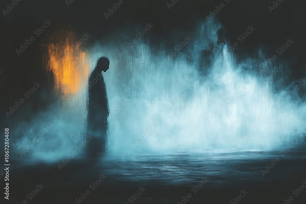 A lone figure shrouded in mist stands against a dark and mysterious backdrop A lone figure shrouded in mist stands against a dark and mysterious backdrop