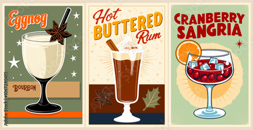 Christmas Cocktails retro poster set. Collection of popular holiday drinks. Hot buttered Rum, Cranberry Sangria, Eggnog bourbon. Vintage flat vector illustrations for bar cart, seasonal wall art print