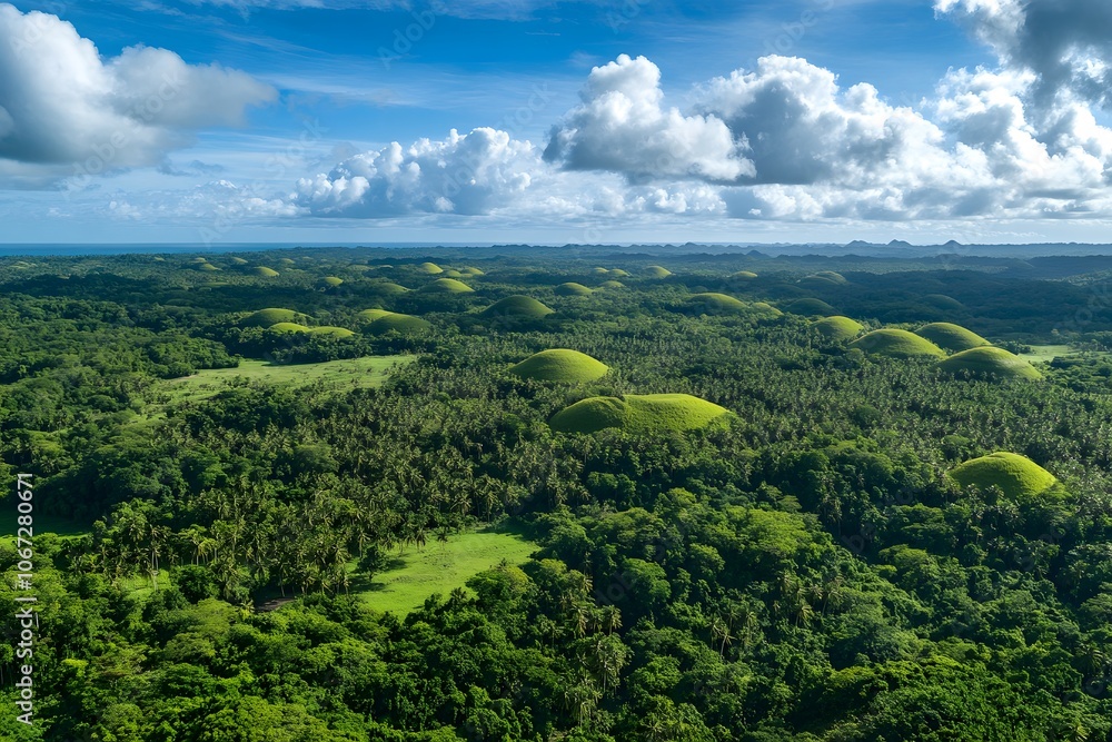 Obraz premium Lush Green Hills and Forested Landscape with a Blue Sky and White Clouds