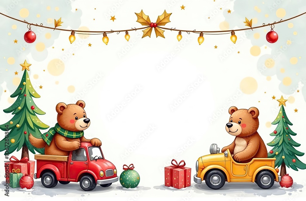 frame for text made from colourful kids toys, nature animals bears, toy cars, balls, cubes, with golden garland lights, on white Christmas background, festive golden bokeh frame for text made from colourful kids toys, nature animals bears, toy cars, balls, cubes, with golden garland lights, on white Christmas background, festive golden bokeh