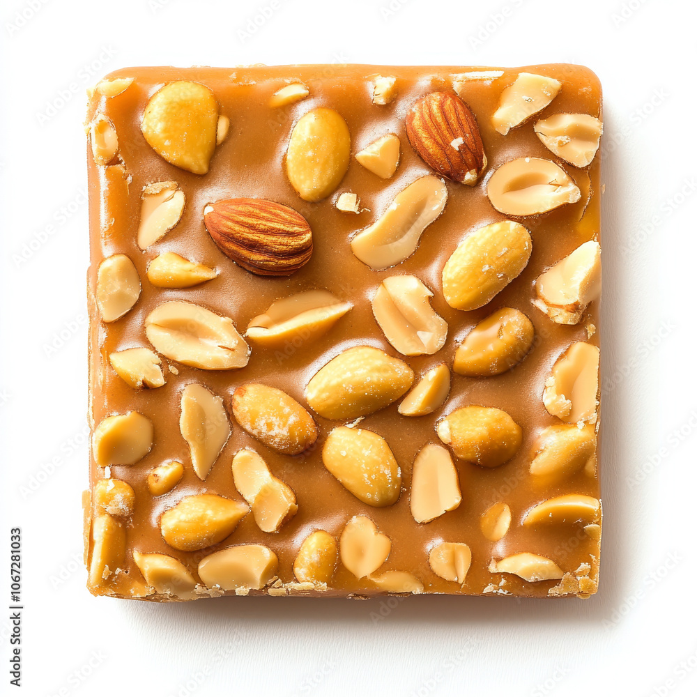 A classic peanut brittle candy with nuts, isolated on a white background, showcasing crunchy sweetness