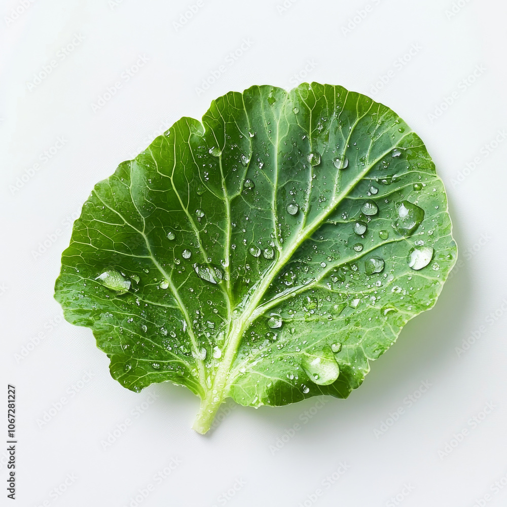 A fresh cabbage leaf with water droplets, isolated on a white background, showcasing vibrant color and crispness A fresh cabbage leaf with water droplets, isolated on a white background, showcasing vibrant color and crispness