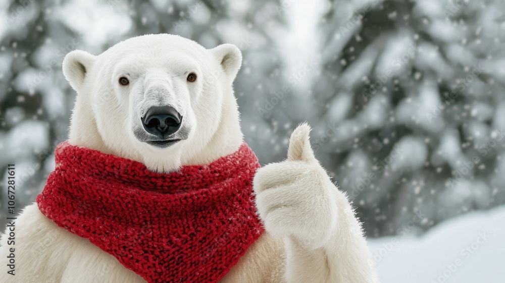 A cheerful polar bear wearing a red scarf gives a thumbs-up in a snowy landscape, creating a whimsical winter scene. A cheerful polar bear wearing a red scarf gives a thumbs-up in a snowy landscape, creating a whimsical winter scene.
