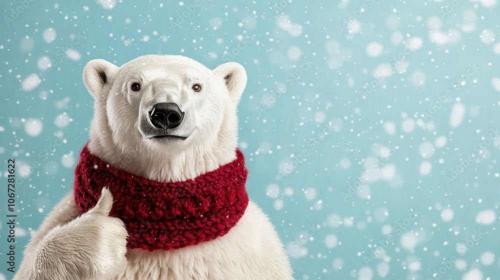 A cheerful polar bear wearing a red scarf, surrounded by falling snowflakes against a light blue background. A cheerful polar bear wearing a red scarf, surrounded by falling snowflakes against a light blue background.