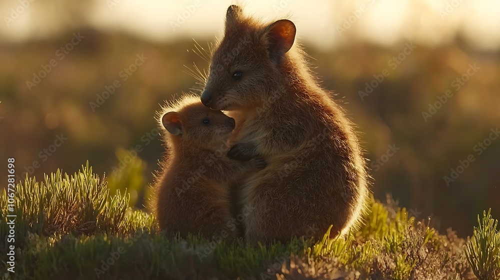 Naklejka premium Mother Quokka with Joey in Close Up Shot