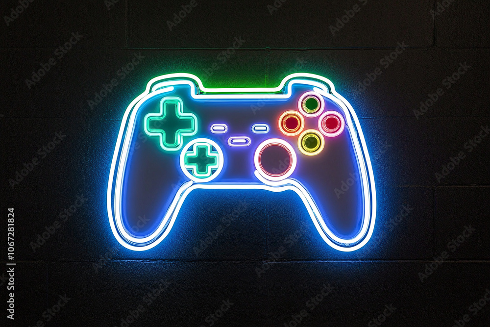 Neon sign on wall in the form of gamepad, controller or joystick
Neon sign on wall in the form of gamepad, controller or joystick