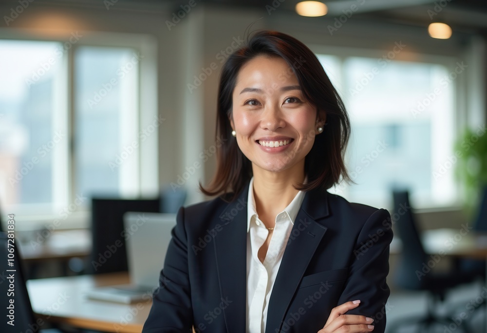 A professional woman stands confidently with her arms crossed, smiling warmly at the camera. She is dressed in a dark suit and is situated in a contemporary office space with large windows and minimal A professional woman stands confidently with her arms crossed, smiling warmly at the camera. She is dressed in a dark suit and is situated in a contemporary office space with large windows and minimal
