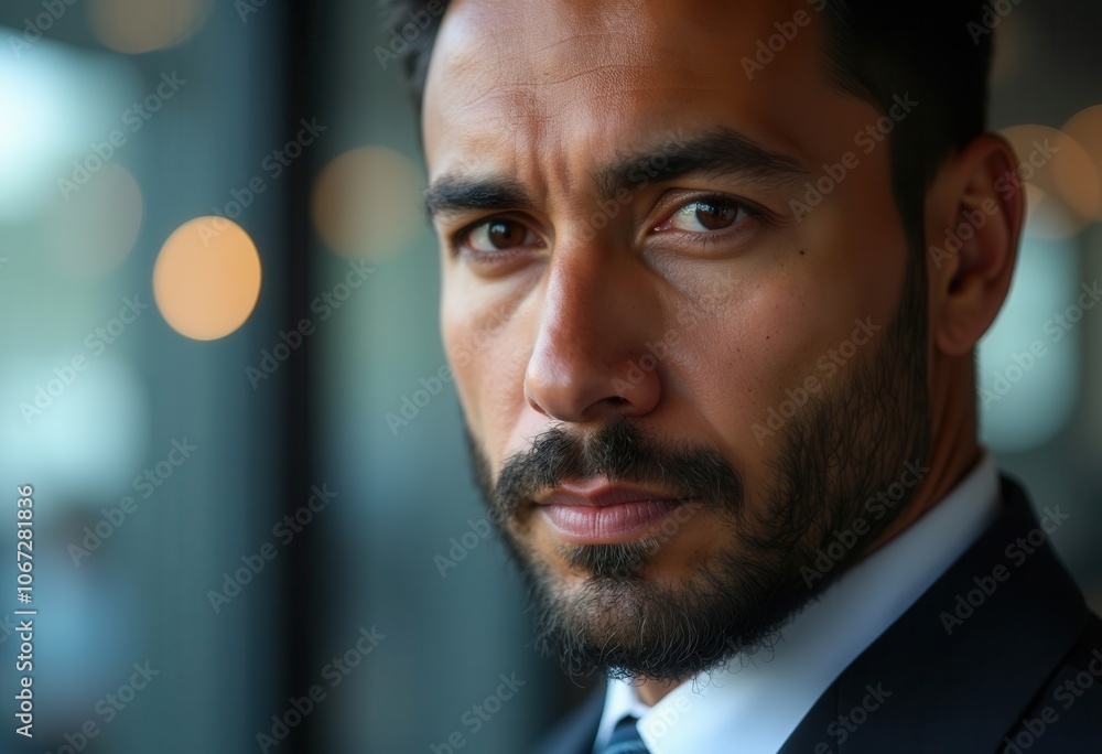 A serious man with a well groomed beard and stylish attire gazes intently at the camera. The background features a modern urban environment with soft lighting, suggesting a professional atmosphere. A serious man with a well groomed beard and stylish attire gazes intently at the camera. The background features a modern urban environment with soft lighting, suggesting a professional atmosphere.
