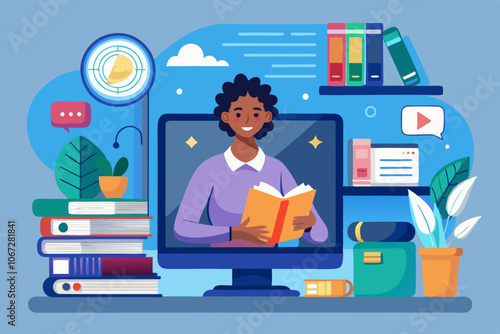 A person engages in an online lecture within a digital online classroom environment filled with books and learning tools, Distance learning and training, vector illustration, flat illustration