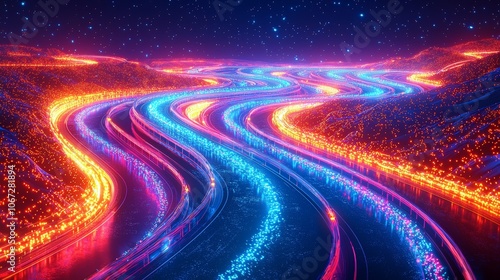 Explore the vibrant flow of neon rivers illuminating a starry night landscape
