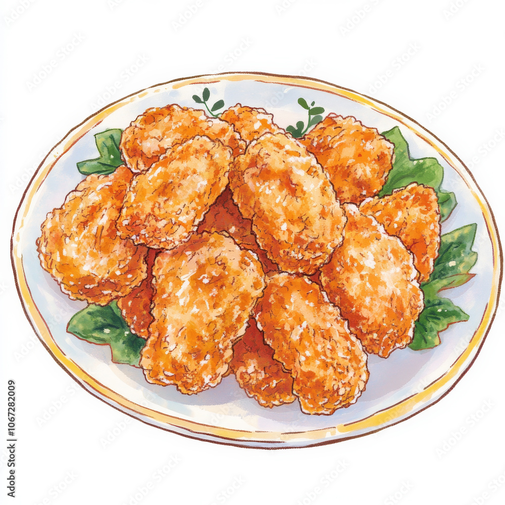 A plate of crispy fried chicken with a golden coating, isolated on a white background, showcasing its delicious texture A plate of crispy fried chicken with a golden coating, isolated on a white background, showcasing its delicious texture