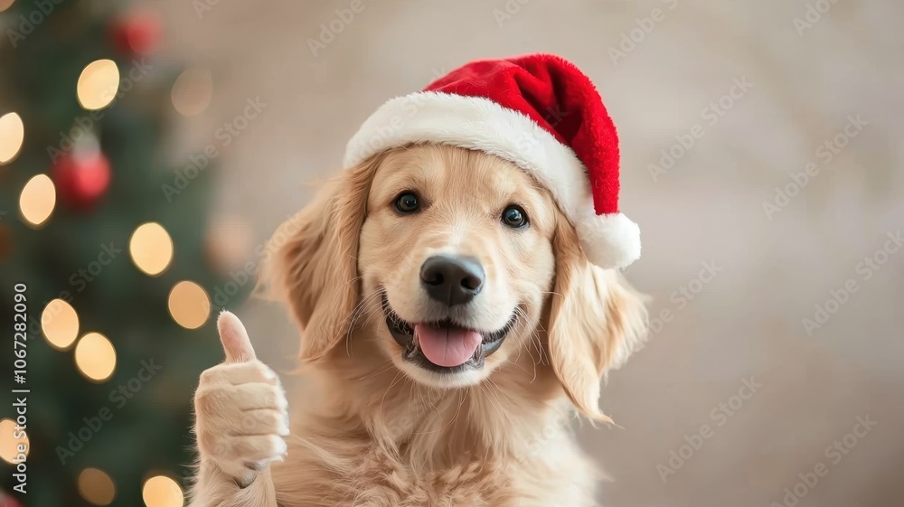 A cheerful golden retriever wearing a Santa hat gives a thumbs-up, surrounded by holiday lights in the background. A cheerful golden retriever wearing a Santa hat gives a thumbs-up, surrounded by holiday lights in the background.