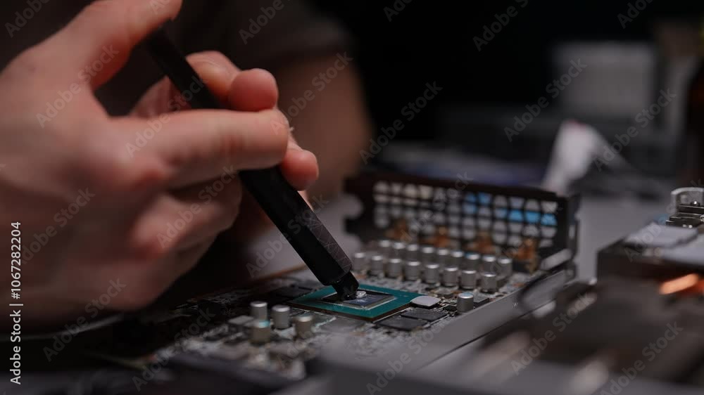Technician applying thermal paste to GPU chip for improved circuit board cooling efficiency. Precise application new thermal pad onto graphics processing unit in workshop. Shooting in slow motion. Technician applying thermal paste to GPU chip for improved circuit board cooling efficiency. Precise application new thermal pad onto graphics processing unit in workshop. Shooting in slow motion.
