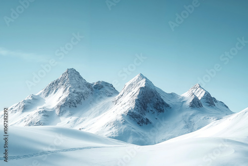 A snow covered mountain range with a blue sky in the background