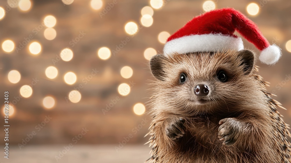 A festive hedgehog wearing a Santa hat, surrounded by soft bokeh lights, captures the cozy spirit of Christmas. A festive hedgehog wearing a Santa hat, surrounded by soft bokeh lights, captures the cozy spirit of Christmas.