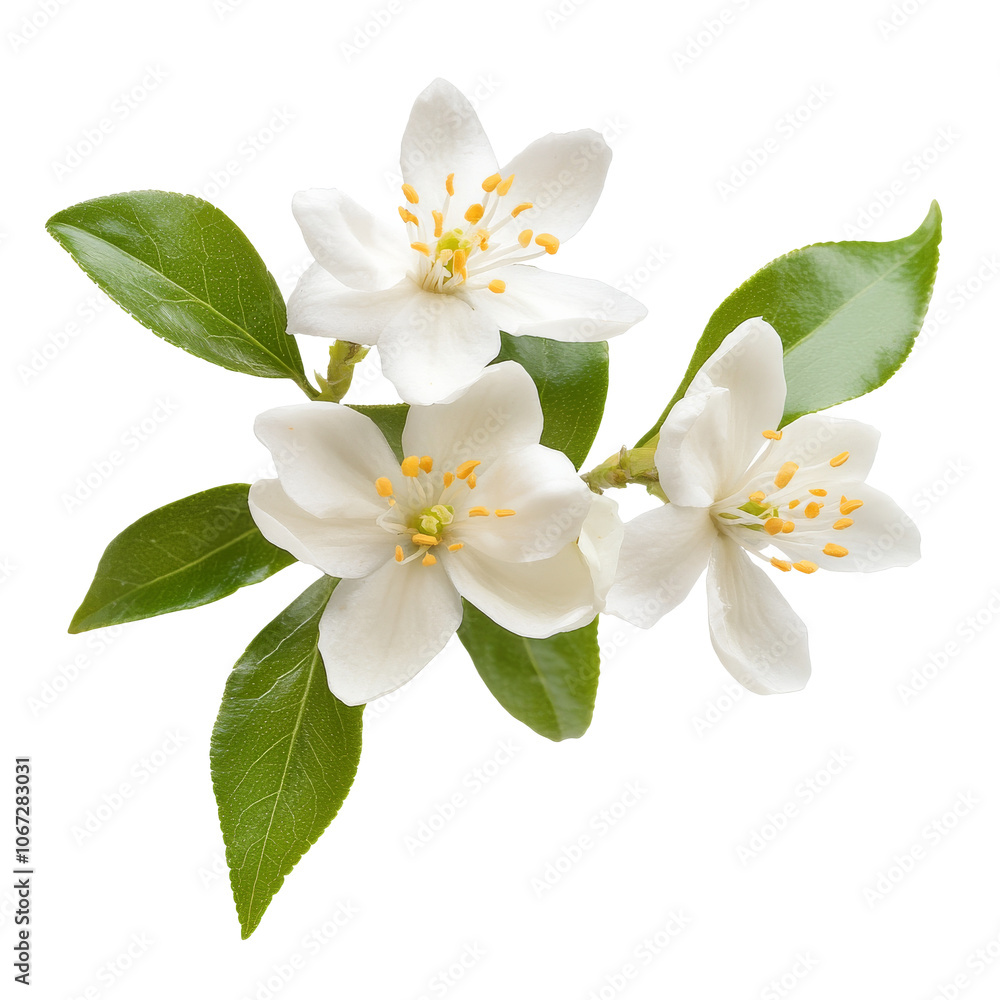 Obraz premium Bright white jasmine flowers with green leaves