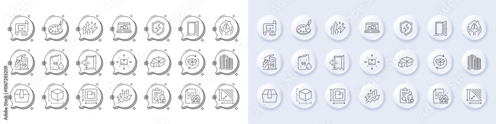 Package box, Lease contract and Power safety line icons. White pin 3d buttons, chat bubbles icons. Pack of Energy inflation, Return parcel, Inspect icon. Vector Package box, Lease contract and Power safety line icons. White pin 3d buttons, chat bubbles icons. Pack of Energy inflation, Return parcel, Inspect icon. Vector