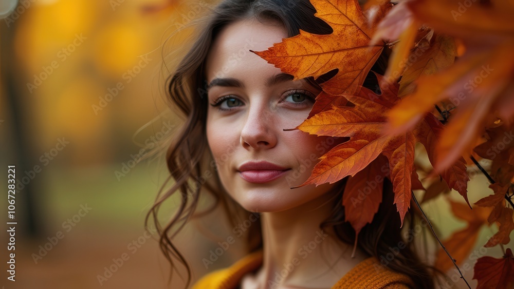 A young woman poses gracefully with a warm smile, partially hidden behind striking orange and red autumn leaves. The background showcases a blurred park landscape, radiating tranquility and seasonal b A young woman poses gracefully with a warm smile, partially hidden behind striking orange and red autumn leaves. The background showcases a blurred park landscape, radiating tranquility and seasonal b