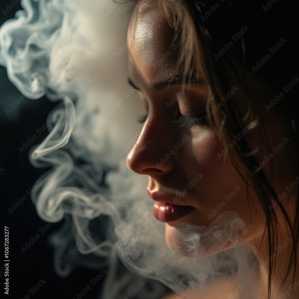 A woman gazes thoughtfully while surrounded by a gentle swirl of smoke in low light. The atmosphere is calm and introspective, highlighting her serene expression and the delicate nature of the moment. A woman gazes thoughtfully while surrounded by a gentle swirl of smoke in low light. The atmosphere is calm and introspective, highlighting her serene expression and the delicate nature of the moment.