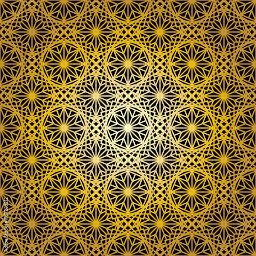 Geometric gold lace seamless pattern. Arabic tile lattice vector background.