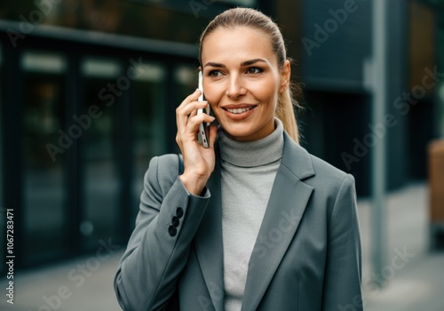 Woman talking on a phone, outside on the street.