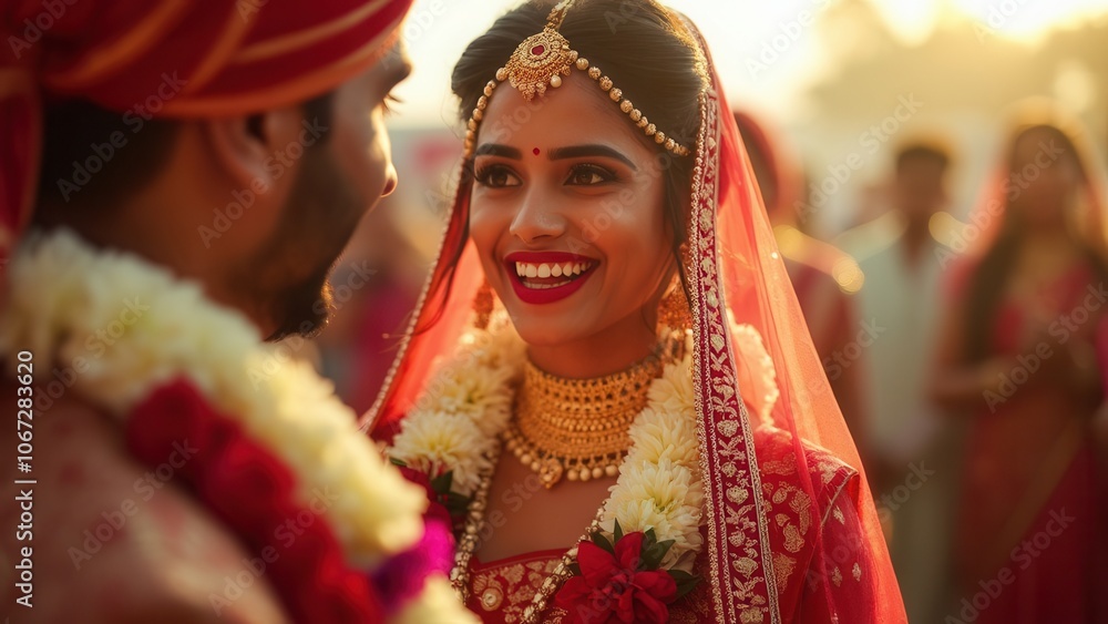 A beautiful bride in traditional attire smiles radiantly at her groom during a vibrant outdoor wedding. The setting sun creates a warm glow, enhancing the festive atmosphere filled with colorful decor A beautiful bride in traditional attire smiles radiantly at her groom during a vibrant outdoor wedding. The setting sun creates a warm glow, enhancing the festive atmosphere filled with colorful decor