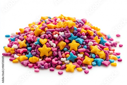 Colorful sprinkle assortment, vibrant shapes including circles, stars, and hearts, displayed on a clean white background for a playful touch