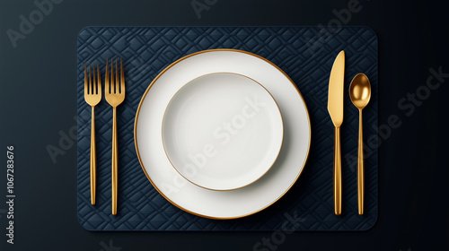 A fancy dinner table with a white plate and silverware