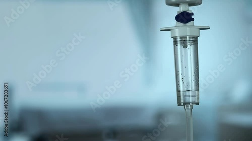 Dripping saline, Dripping medical perfusion close up equipment in clinic background, Medical equipment, Saline Solution IV Drip Fluid for Infusion in Hospital. Intravenous drip in operation room.