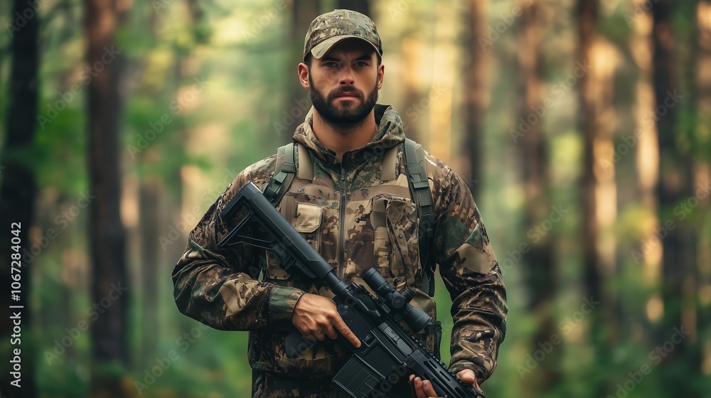 A soldier stands confidently in a dense forest, clad in camouflage gear, with a rifle in hand during dawn A soldier stands confidently in a dense forest, clad in camouflage gear, with a rifle in hand during dawn