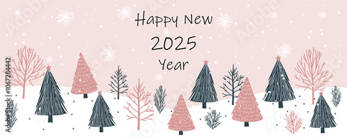 Winter landscape in pink colors. Happy New Year landscape with Christmas trees, trees and snowdrifts in snowy weather. New Year vector landscape illustration.