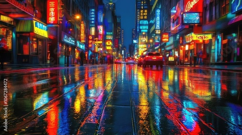 A city street with reflections of neon signs and building lights shimmering on the wet road at night, creating a vibrant urban scene