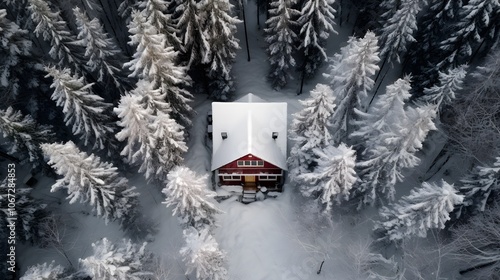 Aerial View of Snowy Cabin in Winter Forest