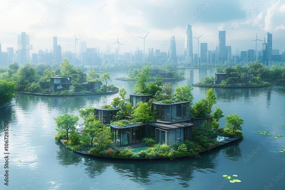 Naklejka premium floating ecofriendly islands topped with wind turbines hover above a bustling cityscape showcasing a harmonious blend of nature and urban life emphasizing sustainability and innovation