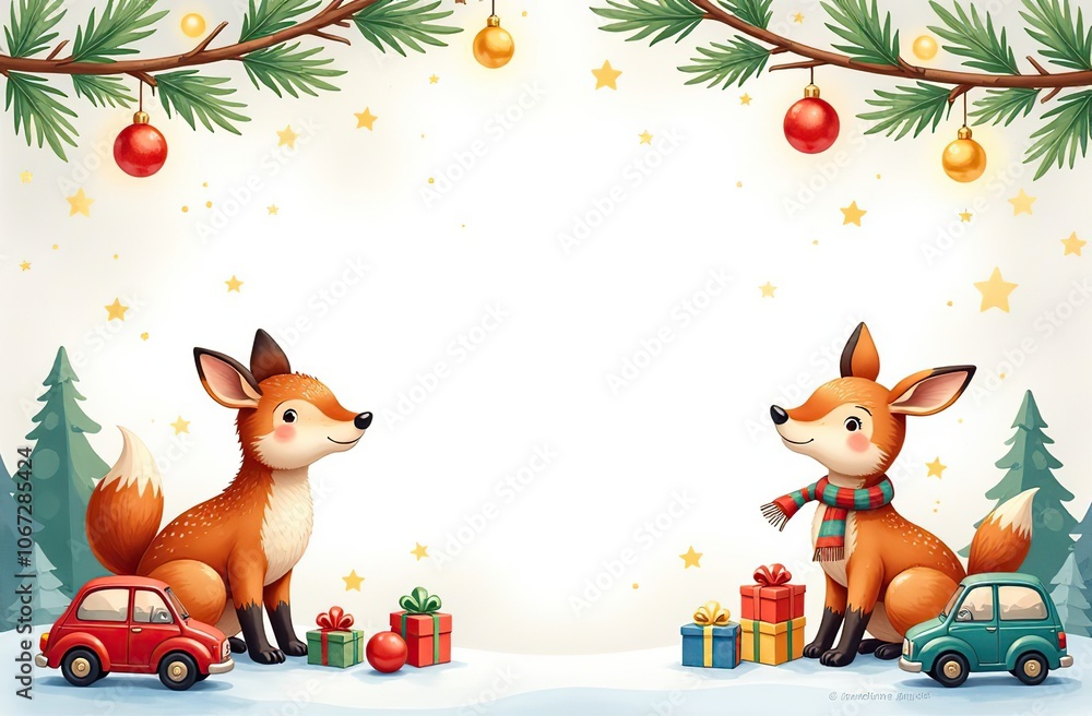 frame for text made from colourful kids toys, nature forest animals, toy cars, balls, cubes, with golden garland lights, on white Christmas background, festive golden bokeh frame for text made from colourful kids toys, nature forest animals, toy cars, balls, cubes, with golden garland lights, on white Christmas background, festive golden bokeh