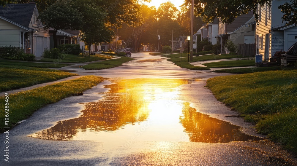 Fototapeta premium A suburban road at dawn, with water on the asphalt reflecting the golden hues of the rising sun, adding warmth to the scene