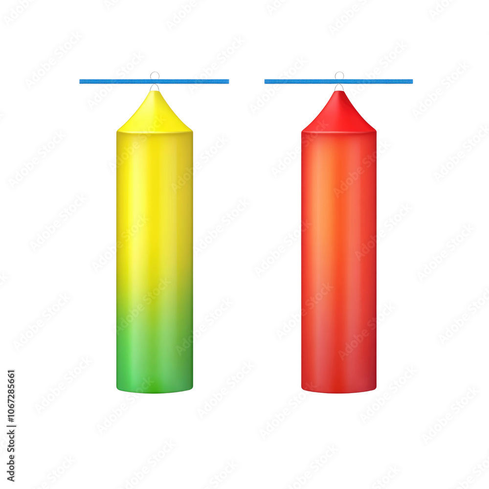 Colorful Cylinders Suspended from a Blue Bar Colorful Cylinders Suspended from a Blue Bar