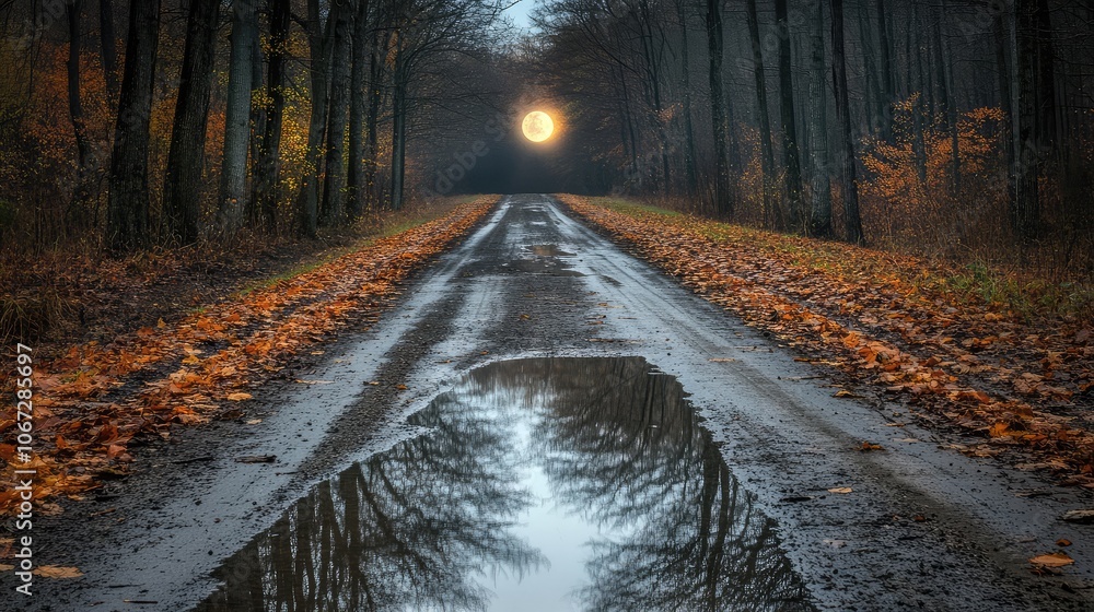 Fototapeta premium An empty country road with puddles reflecting the soft light of the moon, creating a calm and quiet atmosphere