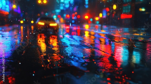 An urban road at night, with reflections of colorful traffic lights and city buildings dancing across the wet surface