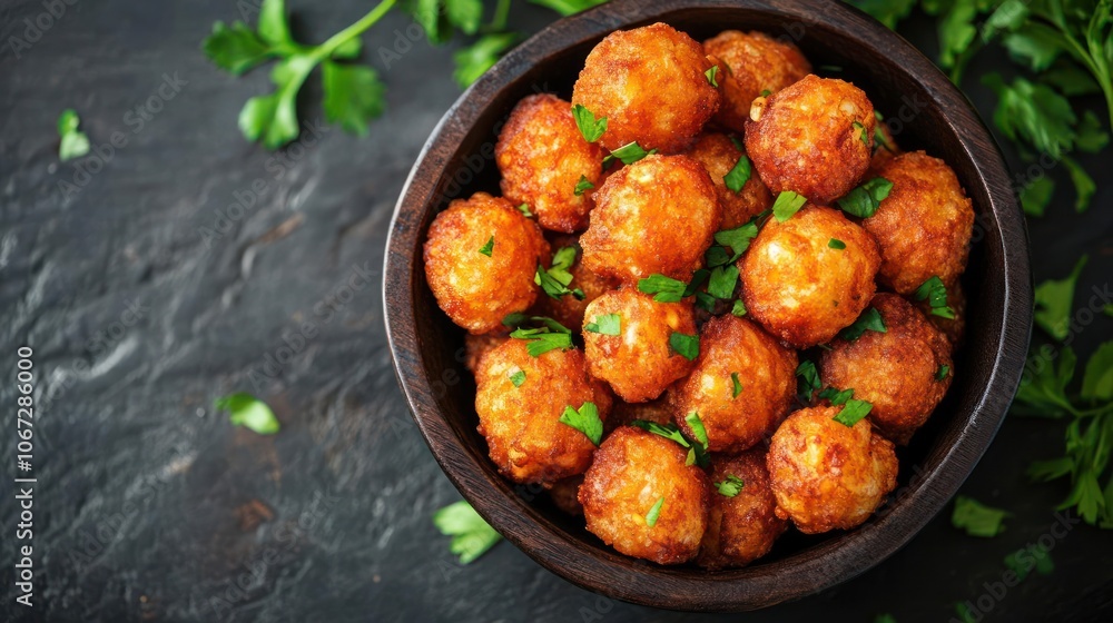 Appetizing dish of gourmet snacks in a bowl, accompanied by herbs and spices. Appetizing dish of gourmet snacks in a bowl, accompanied by herbs and spices.