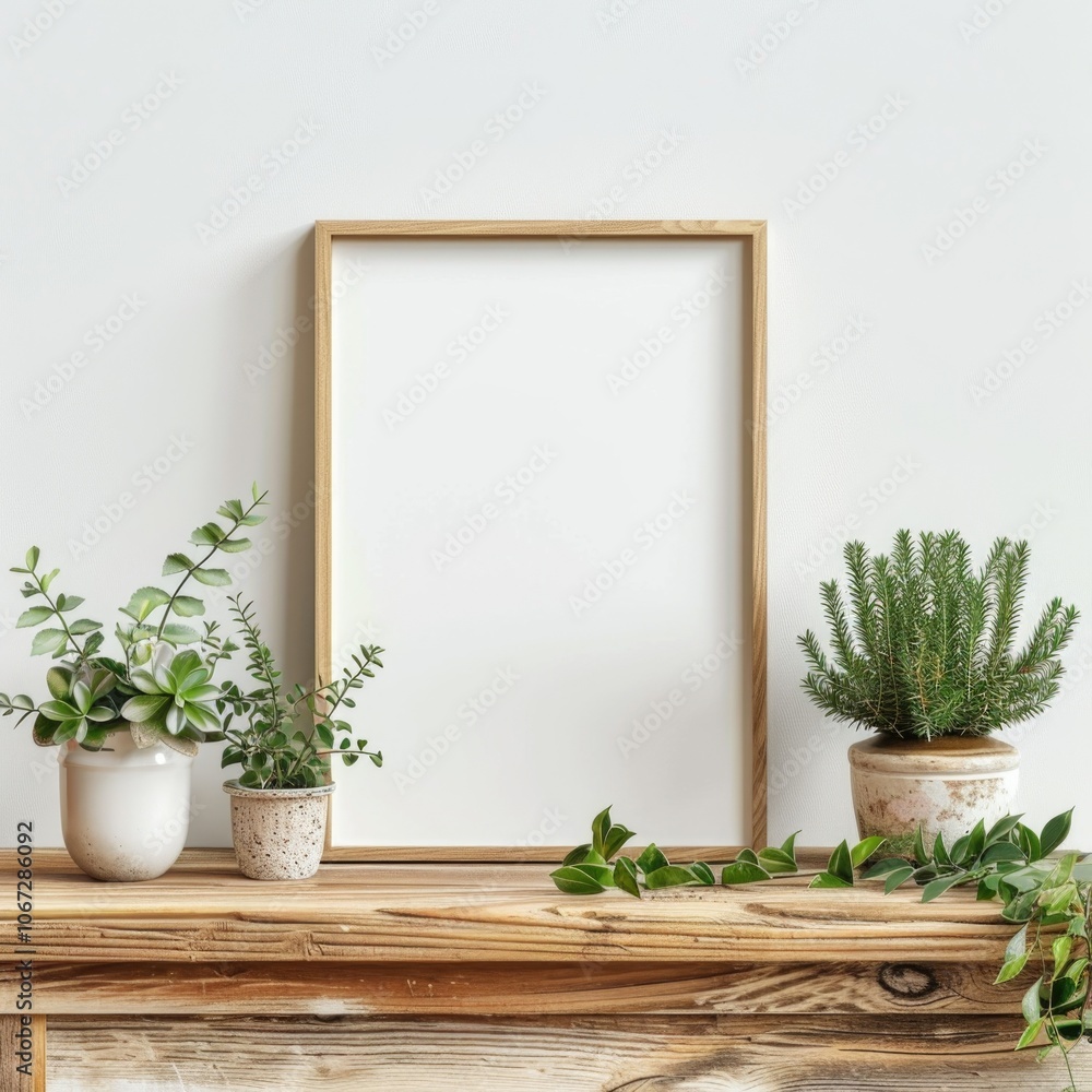 Mockup empty, photo frame, on a wooden table, with house plants Mockup empty, photo frame, on a wooden table, with house plants