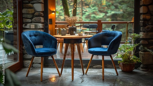 Modern Cafe Interior Design with Blue Velvet Chairs and Wooden Table