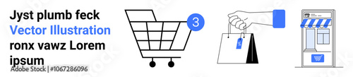 Shopping cart with number three, hand holding shopping bags with tag, storefront with blue awning. Ideal for e-commerce, online shopping, retail, store promotions, digital marketing, user interfaces