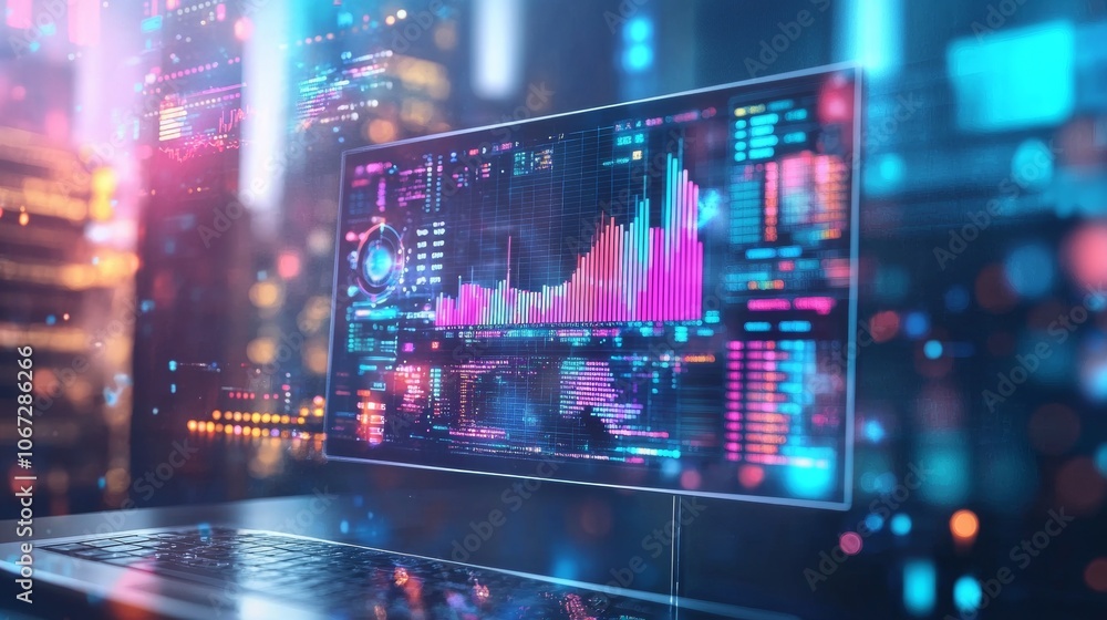 Digital stock market analysis interface with data charts and neon lights Digital stock market analysis interface with data charts and neon lights
