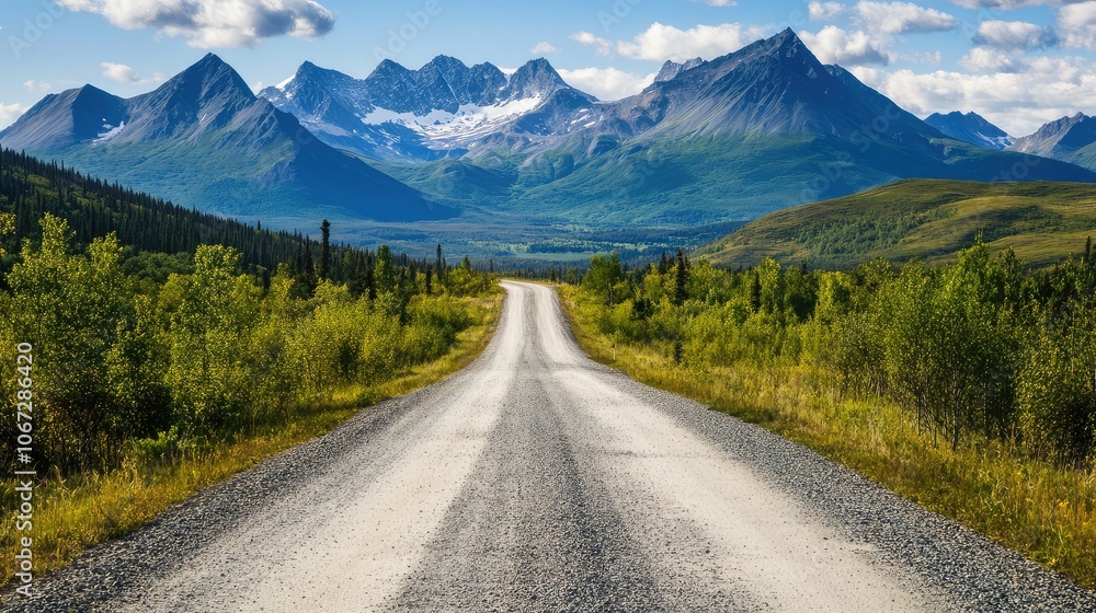 Naklejka premium A lonely, gravel road cutting through a rugged, mountainous rural landscape, framed by tall peaks in the background